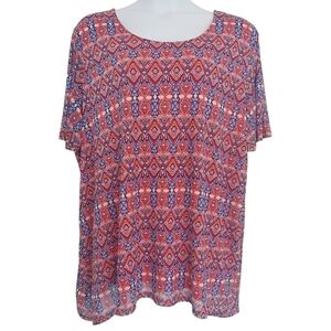Catherines Blue Red Mosaic Mesh Short Sleeve Tunic Lattice Back Boho Maximalist